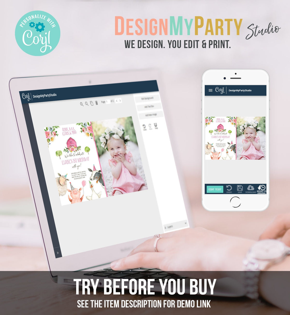 Editable Farm Birthday Invitation Girl Farm Animals Pink Floral Barnyard Party Animals Digital Download Evite Template Printable 0155