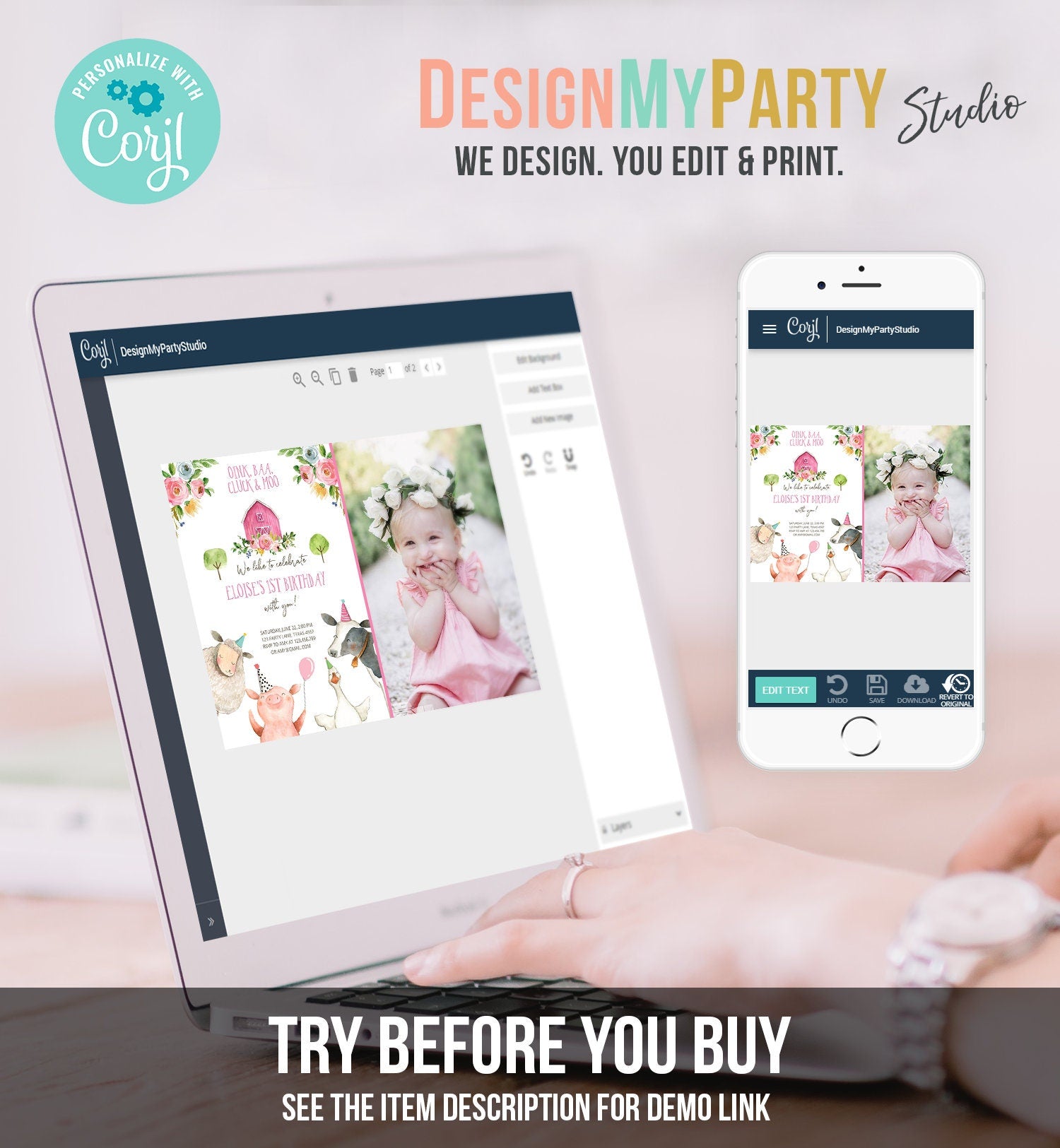 Editable Farm Birthday Invitation Girl Farm Animals Pink Floral Barnyard Party Animals Digital Download Evite Template Printable 0155