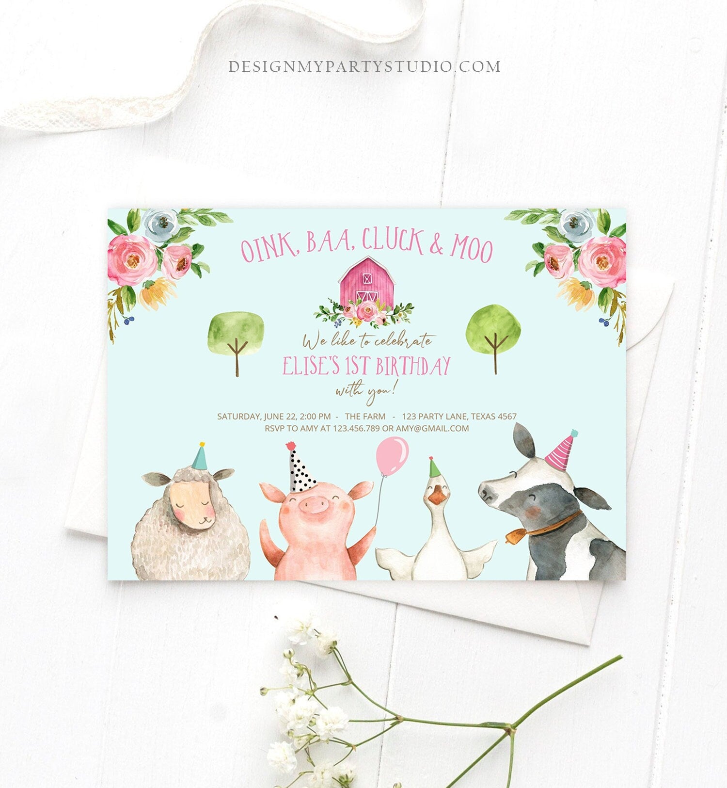 Editable Farm Animals Birthday Invitation Girl Party Animals Pink Floral Barnyard Party Digital Download Evite Template Printable 0155