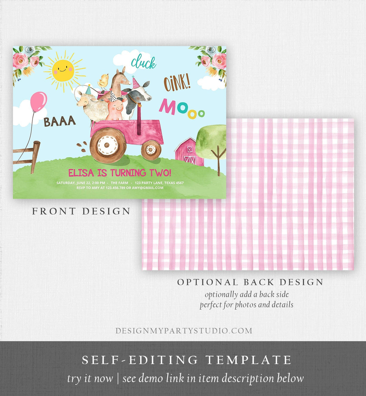 Editable Farm Birthday Invitation Girl Farm Animals Pink Floral Barnyard Party Tractor Download Printable Template Digital Corjl 0155