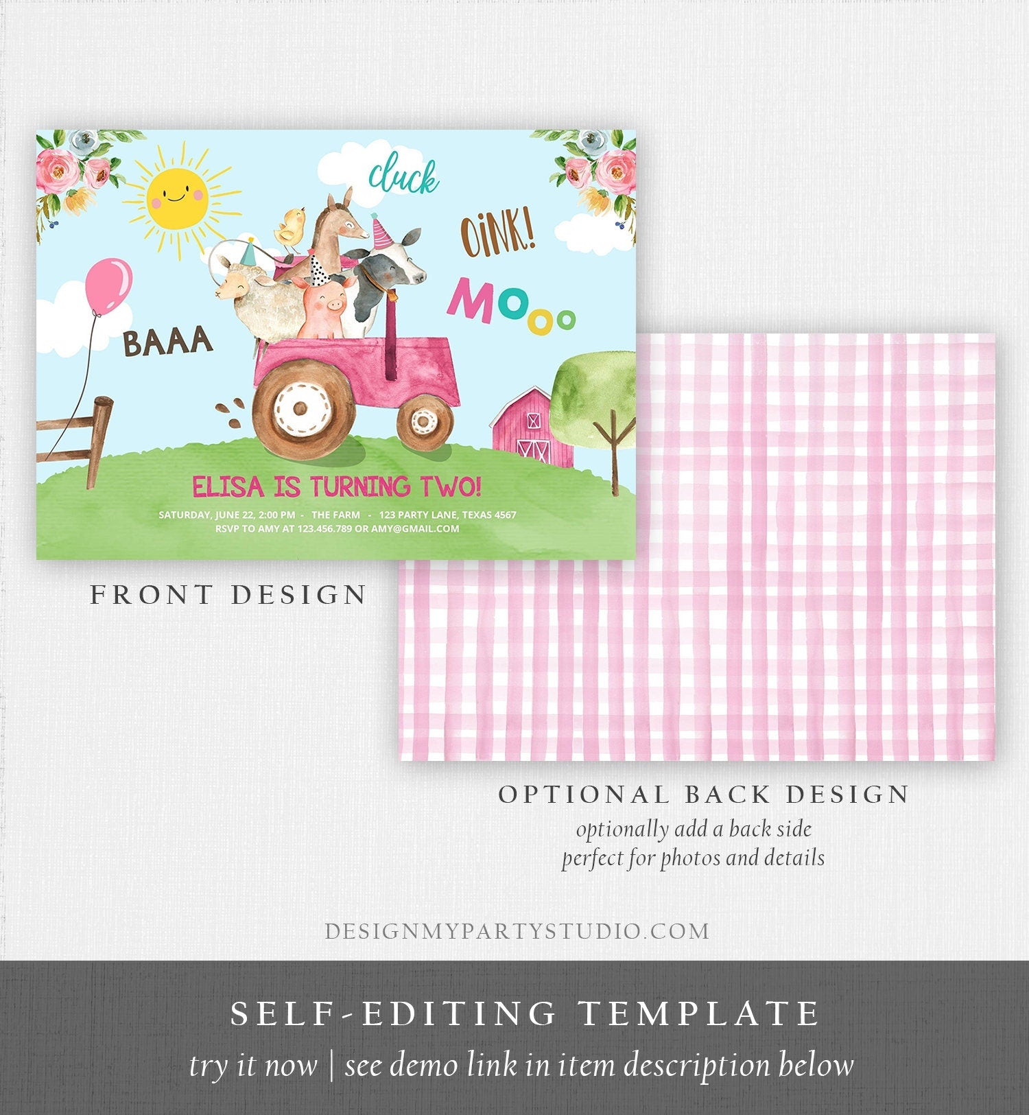 Editable Farm Birthday Invitation Girl Farm Animals Pink Floral Barnyard Party Tractor Download Printable Template Digital Corjl 0155
