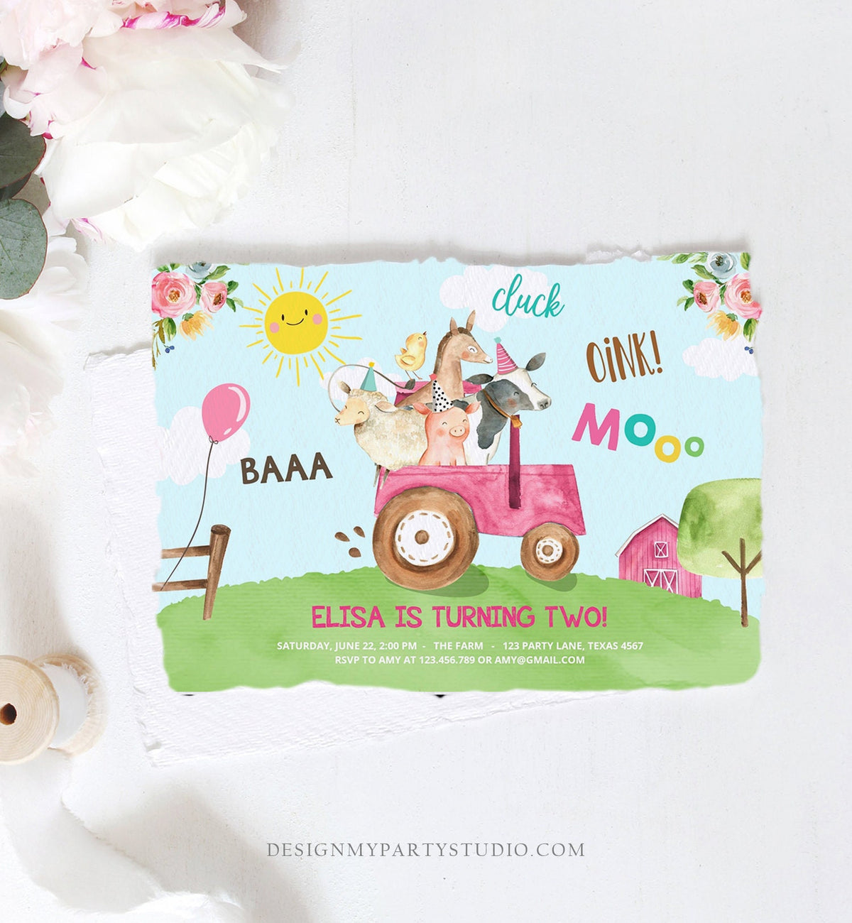 Editable Farm Birthday Invitation Girl Farm Animals Pink Floral Barnyard Party Tractor Download Printable Template Digital Corjl 0155