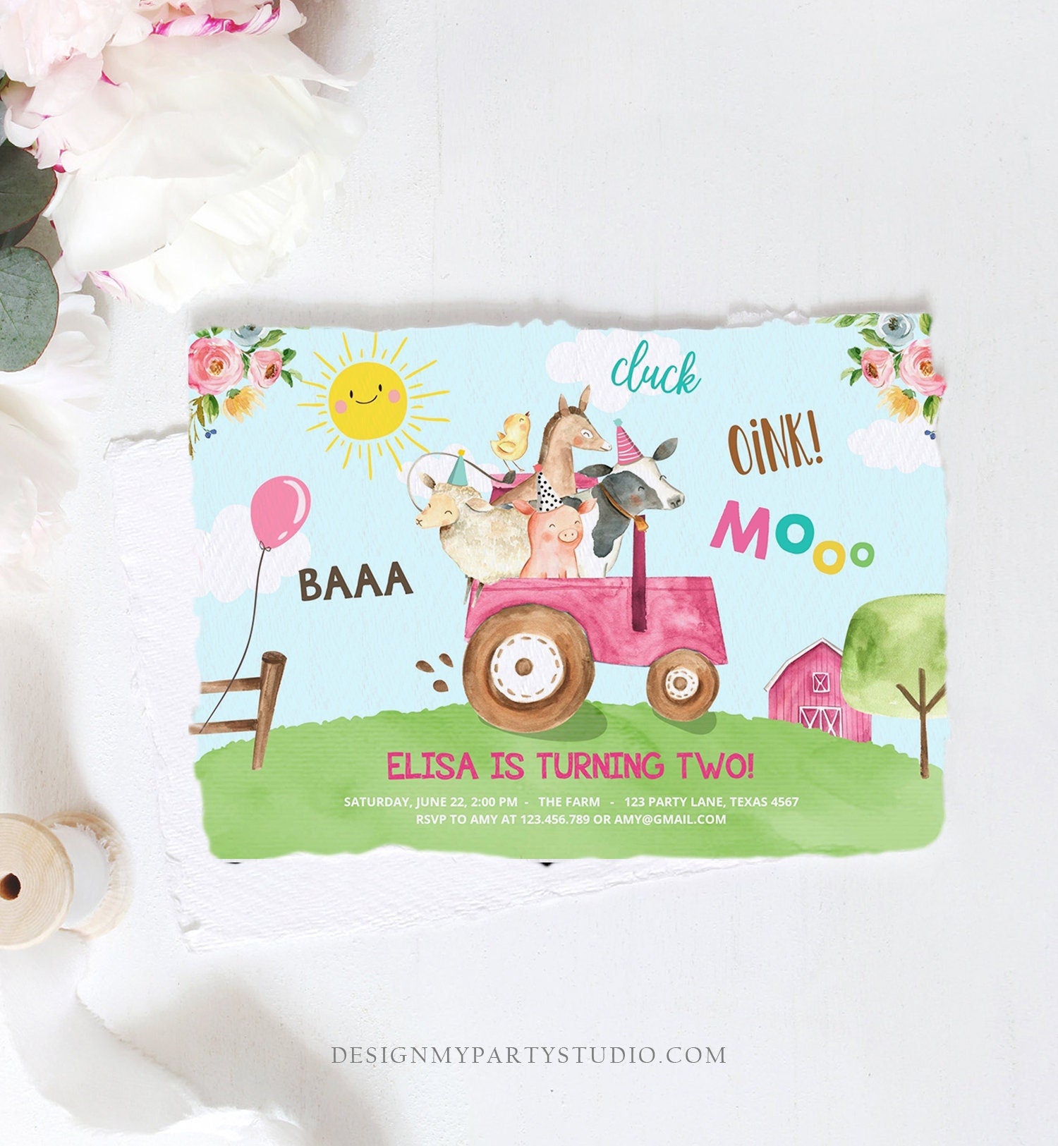 Editable Farm Birthday Invitation Girl Farm Animals Pink Floral Barnyard Party Tractor Download Printable Template Digital Corjl 0155
