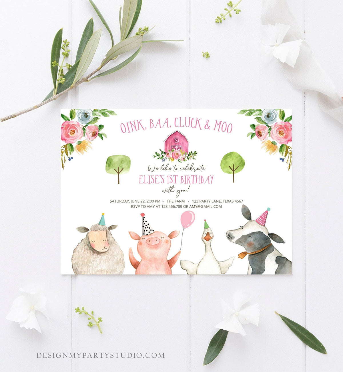 Editable Farm Animals Birthday Invitation Girl Party Animals Pink Barn Barnyard Download Digital Download Evite Template Printable 0155