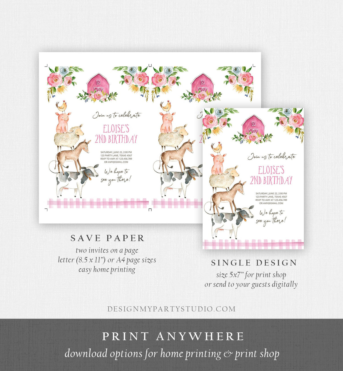 Editable Farm Animals Birthday Invitation Girl Party Animals Pink Floral Barnyard Party Digital Download Evite Template Printable 0155