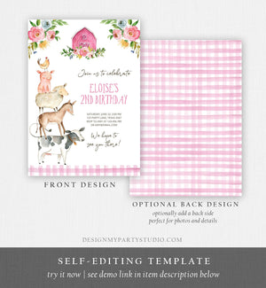 Editable Farm Birthday Invitation Girl Farm Animals Pink Floral Barnyard Party Download Printable Invitation Template Digital Corjl 0155