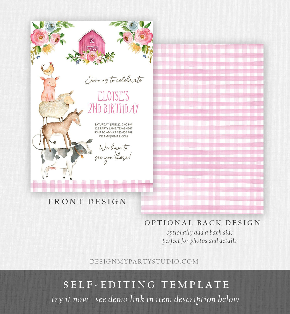 Editable Farm Animals Birthday Invitation Girl Party Animals Pink Floral Barnyard Party Digital Download Evite Template Printable 0155