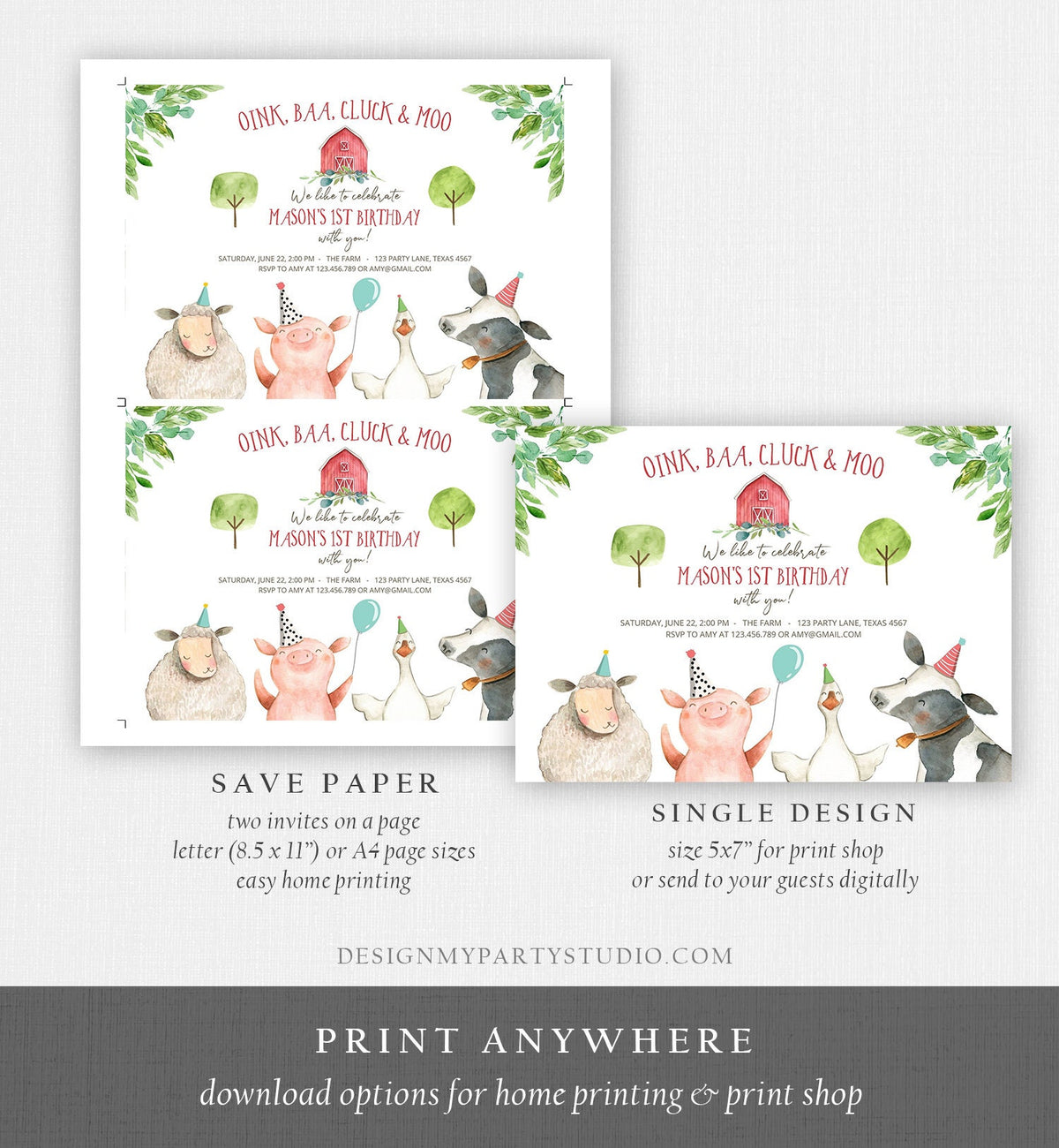 Editable Farm Birthday Invitation Boy Farm Animals Boy Barnyard Birthday Party Download Printable Invitation Template Digital Corjl 0155