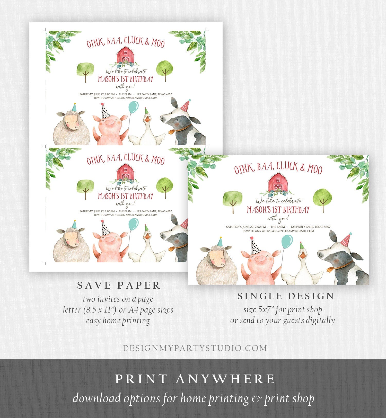 Editable Farm Birthday Invitation Boy Farm Animals Boy Barnyard Birthday Party Download Printable Invitation Template Digital Corjl 0155