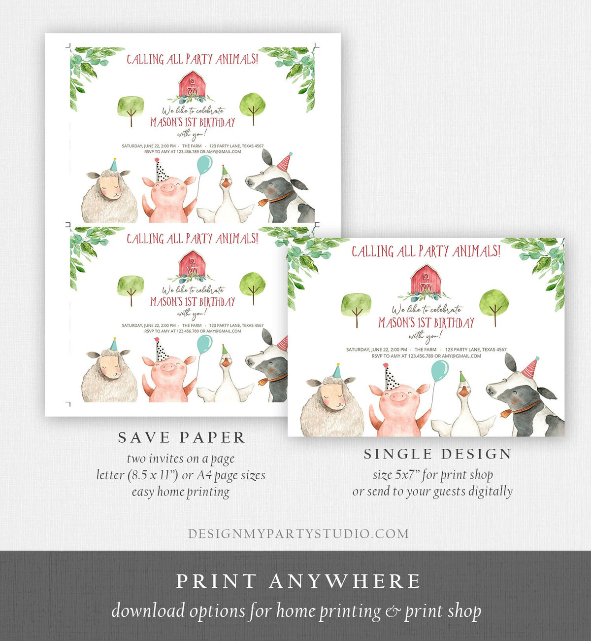 Editable Farm Animals Birthday Invitation Boy Party Animals Boy Barn Barnyard Birthday Digital Download Evite Template Printable 0155