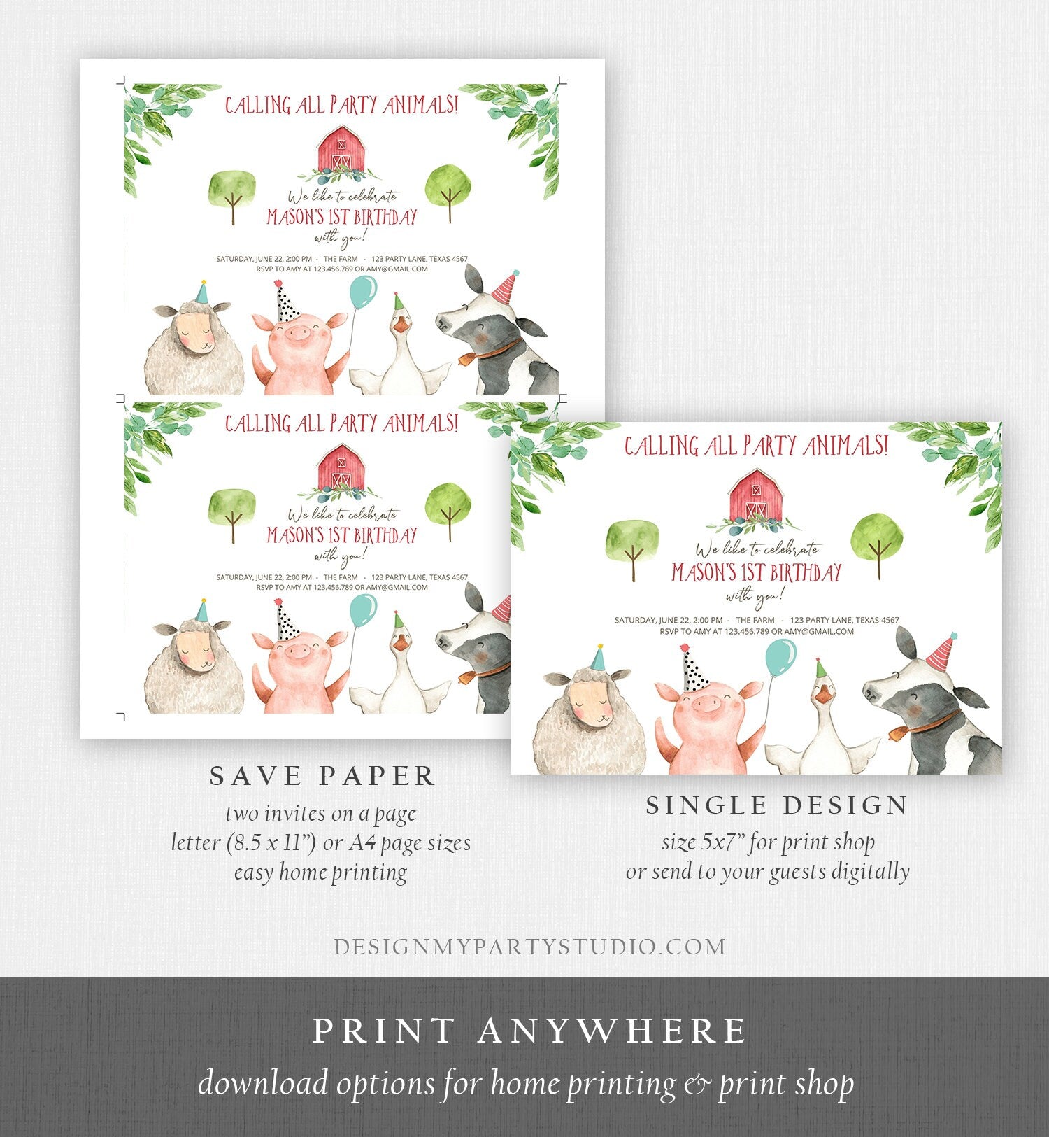 Editable Farm Animals Birthday Invitation Boy Party Animals Boy Barn Barnyard Birthday Digital Download Evite Template Printable 0155