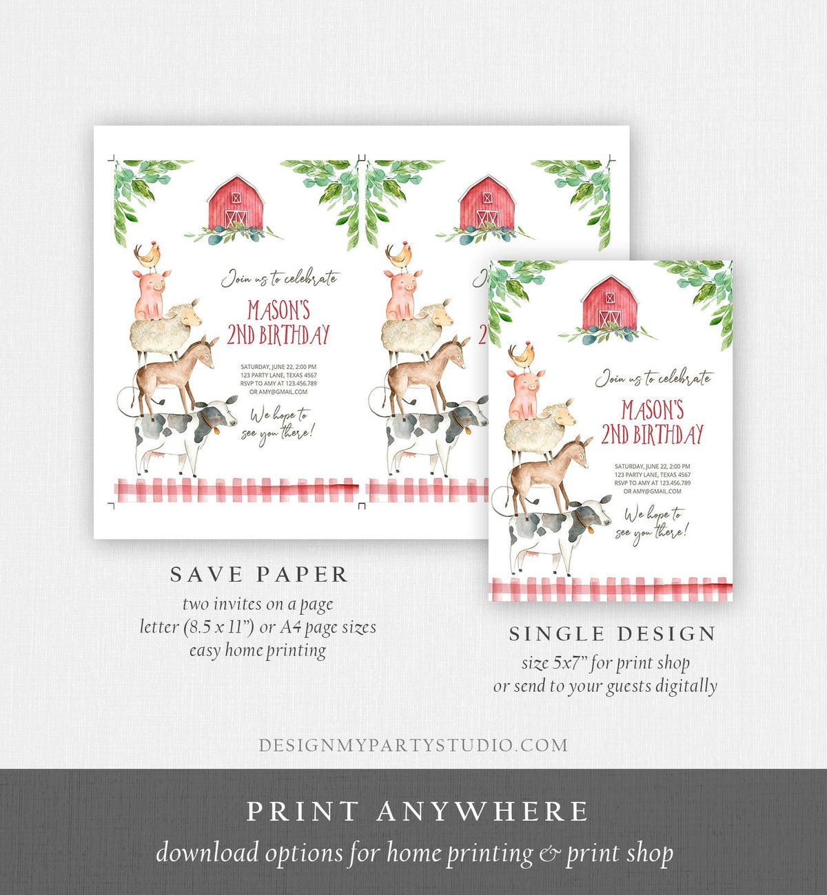 Editable Farm Birthday Invitation Boy Farm Animals Boy Barnyard Birthday Party Download Printable Invitation Template Digital Corjl 0155