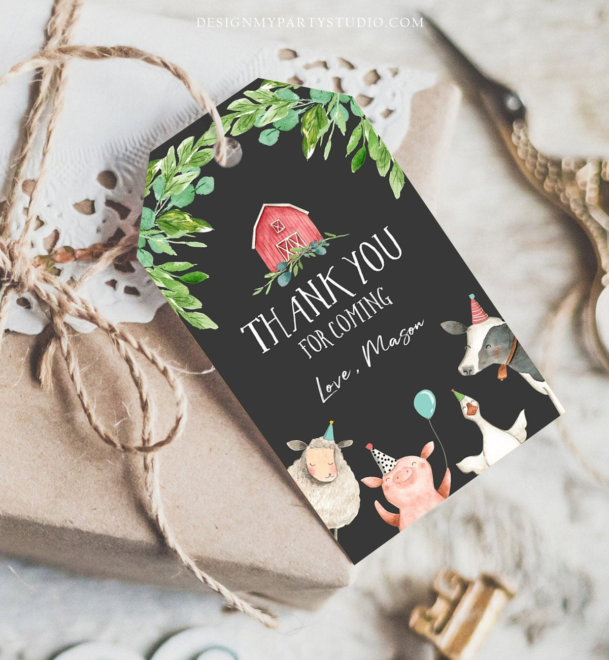 Editable Farm Favor Tags Tags Boy Farm Birthday Thank you tags Barnyard Gift Tags Red Green Birthday Old McDonald Template PRINTABLE 0155