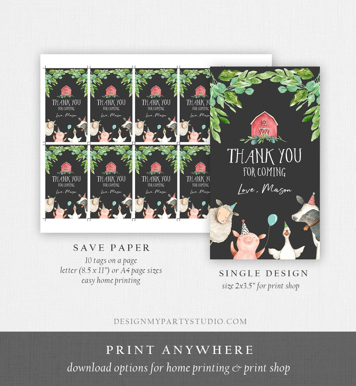 Editable Farm Favor Tags Tags Boy Farm Birthday Thank you tags Barnyard Gift Tags Red Green Birthday Old McDonald Template PRINTABLE 0155