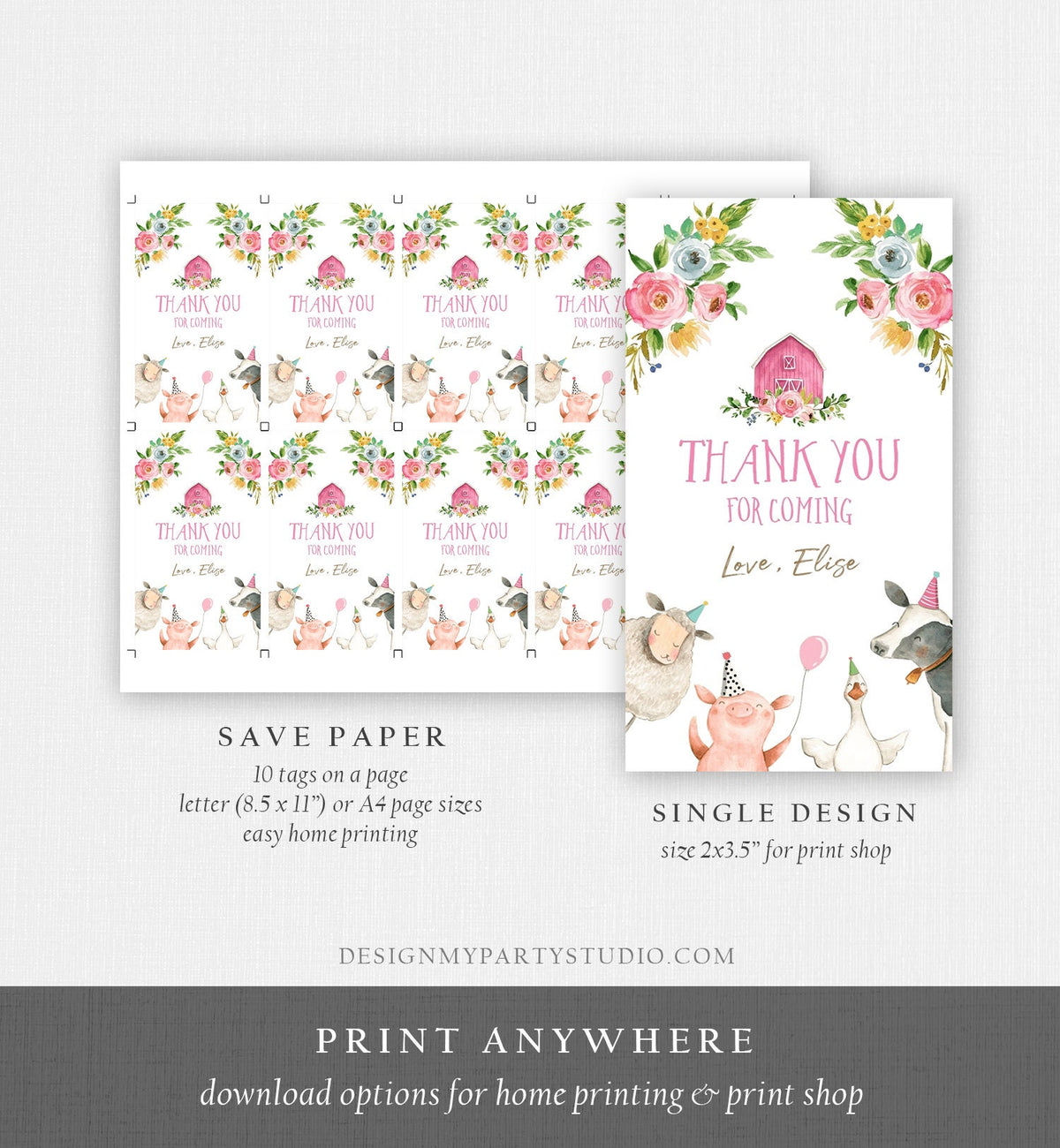 Editable Farm Animals Favor Tag Farm Girl Birthday Thank You Tag Pink Barn Party Animals Gift Tag Download Corjl Template Printable 0155