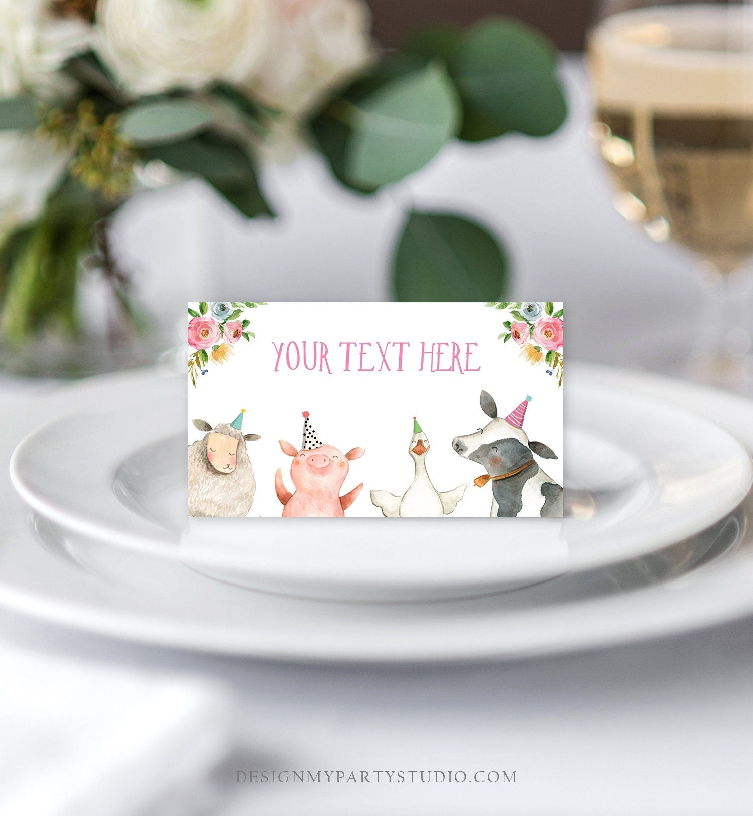 Editable Farm Animals Food Label Barnyard Birthday Food Cards Tent Card Girl Pink Farm Cow Buffet Label Tent Card Template Printable 0155