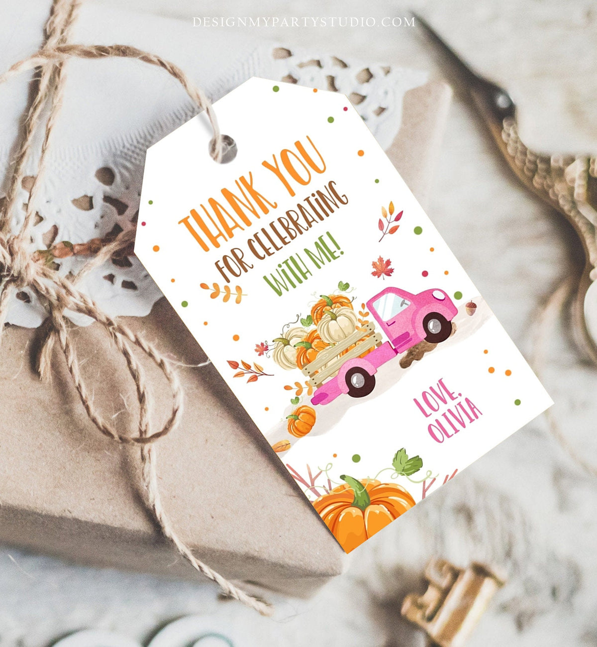 Editable Pumpkin Favor Tags Pumpkin Truck Thank You Tags Fall Autumn Label Pumpkin Birthday Girl Pink Fall Harvest Corjl Template 0153