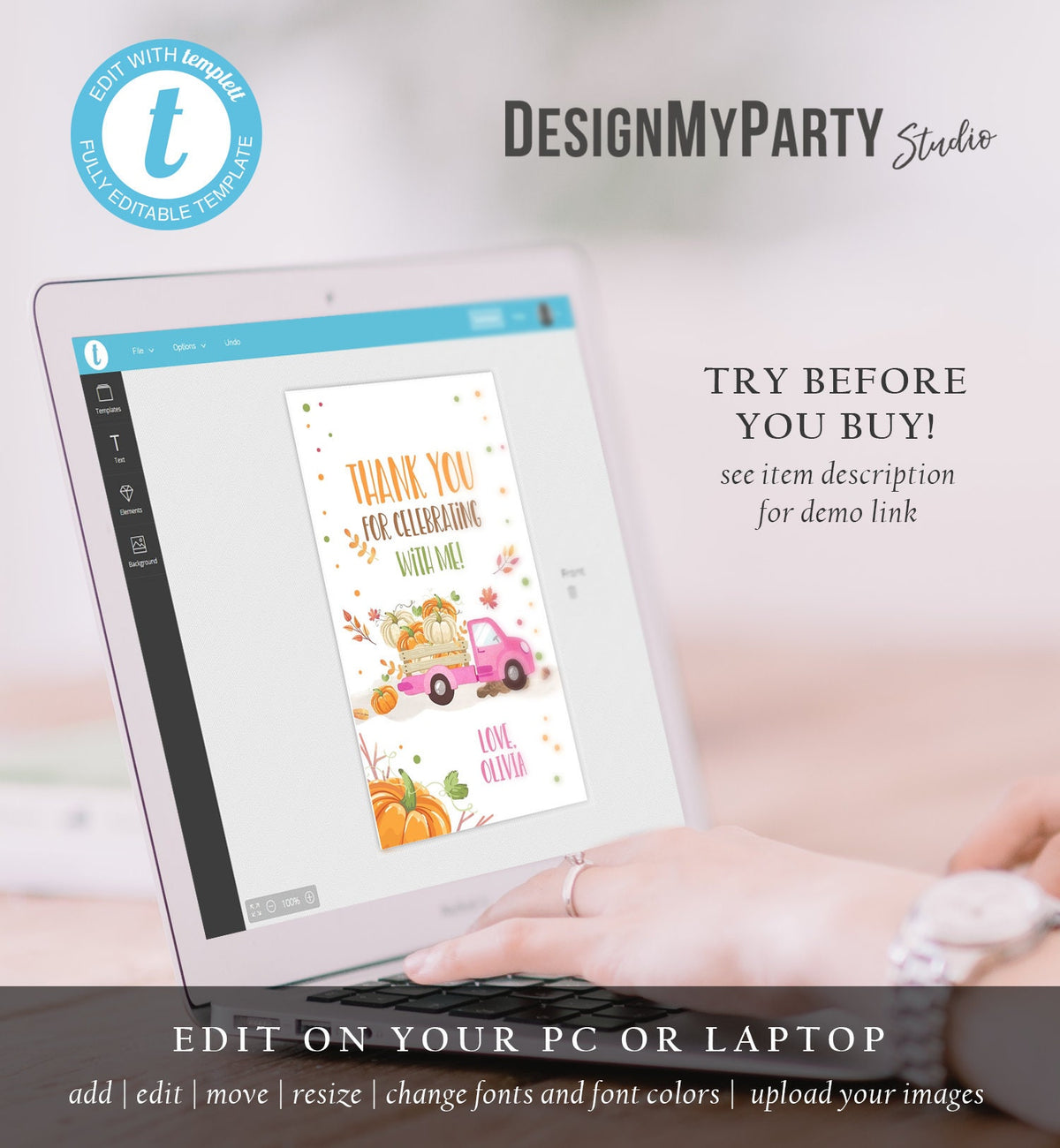 Editable Pumpkin Favor Tags Pumpkin Truck Thank You Tags Fall Autumn Label Pumpkin Birthday Girl Pink Fall Harvest Corjl Template 0153