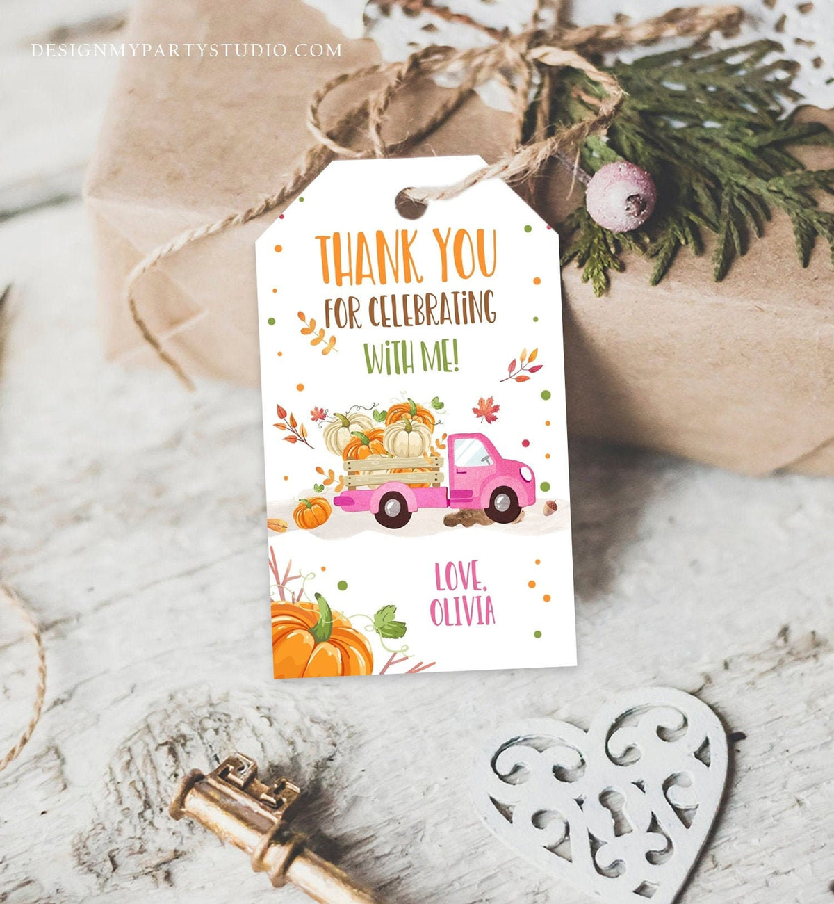 Editable Pumpkin Favor Tags Pumpkin Truck Thank You Tags Fall Autumn Label Pumpkin Birthday Girl Pink Fall Harvest Corjl Template 0153