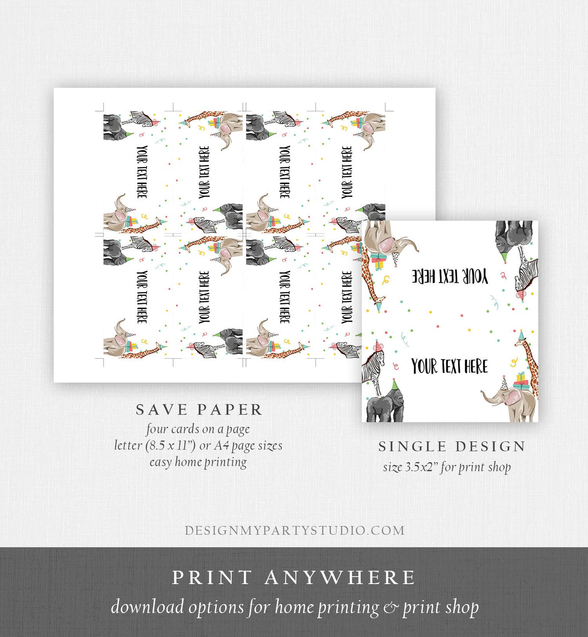 Editable Party Animals Food Label Zebra Gorilla Giraffe Elephant Birthday Place Card Tent Card Shower Neutral Printable Template 0142