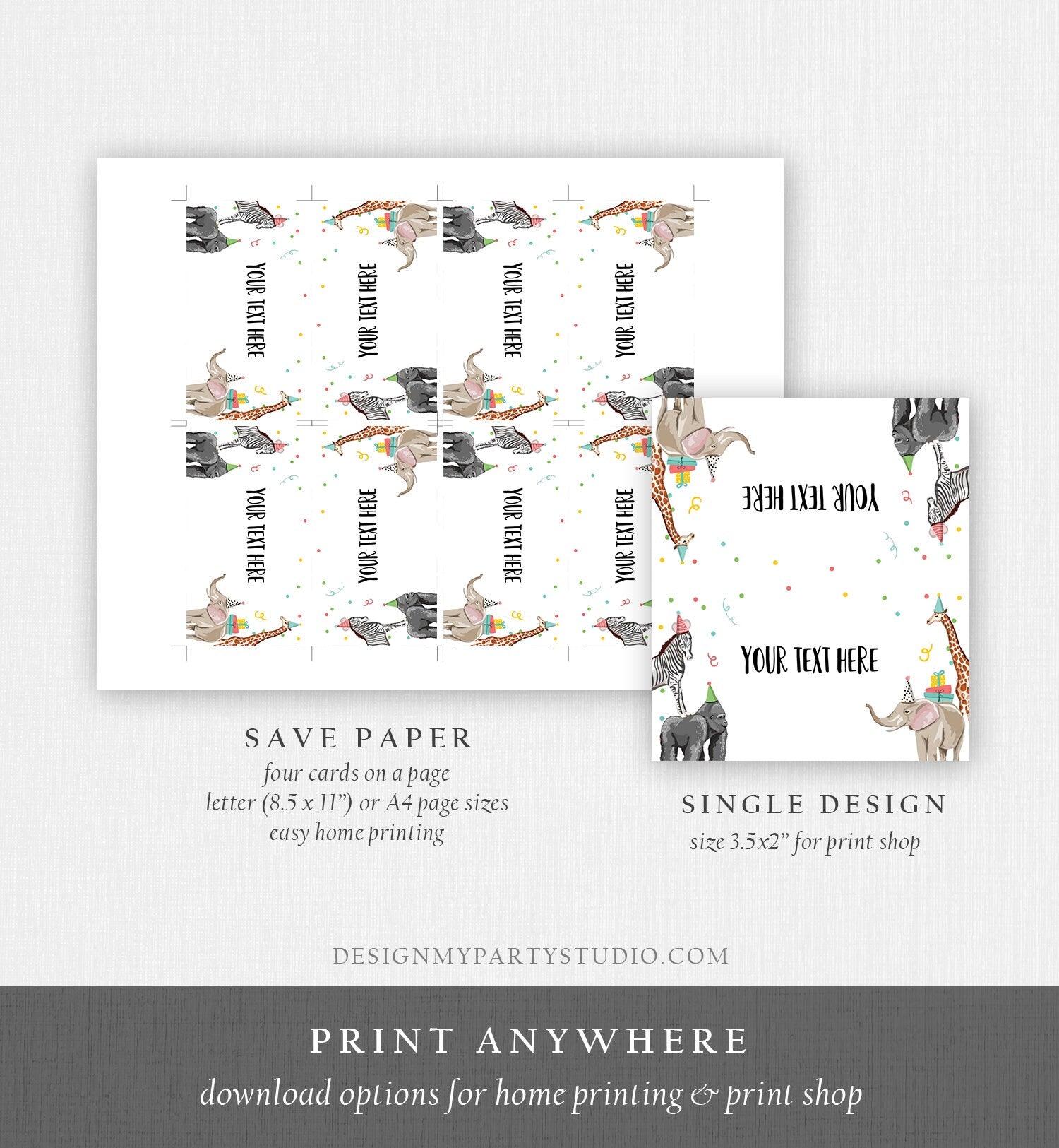 Editable Party Animals Food Label Zebra Gorilla Giraffe Elephant Birthday Place Card Tent Card Shower Neutral Printable Template 0142