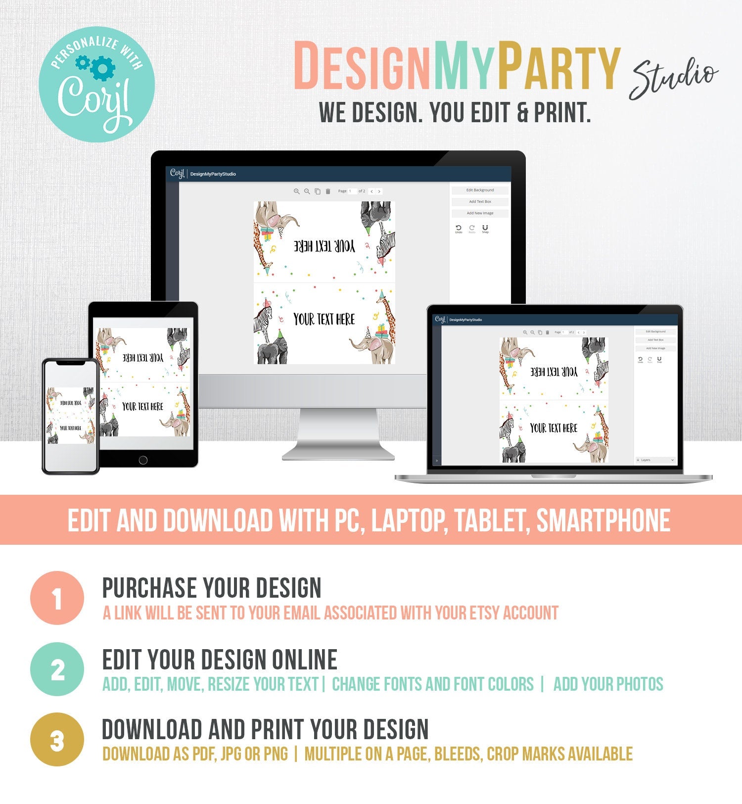 Editable Party Animals Food Label Zebra Gorilla Giraffe Elephant Birthday Place Card Tent Card Shower Neutral Printable Template 0142