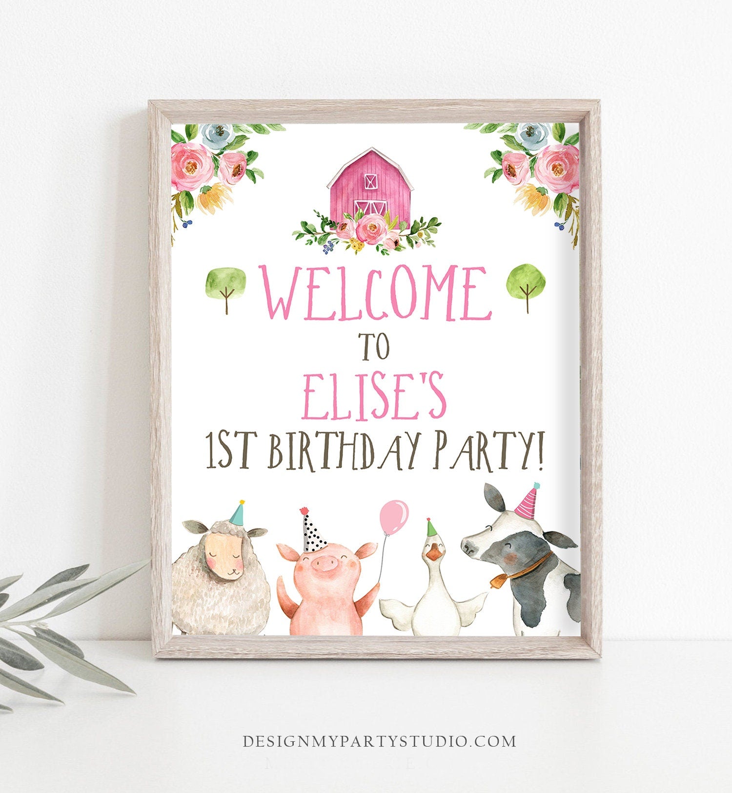 Editable Pink Farm Birthday Welcome Sign Barnyard Birthday Welcome Sign Farm Animals Birthday Welcome Girl Template Corjl PRINTABLE 0155