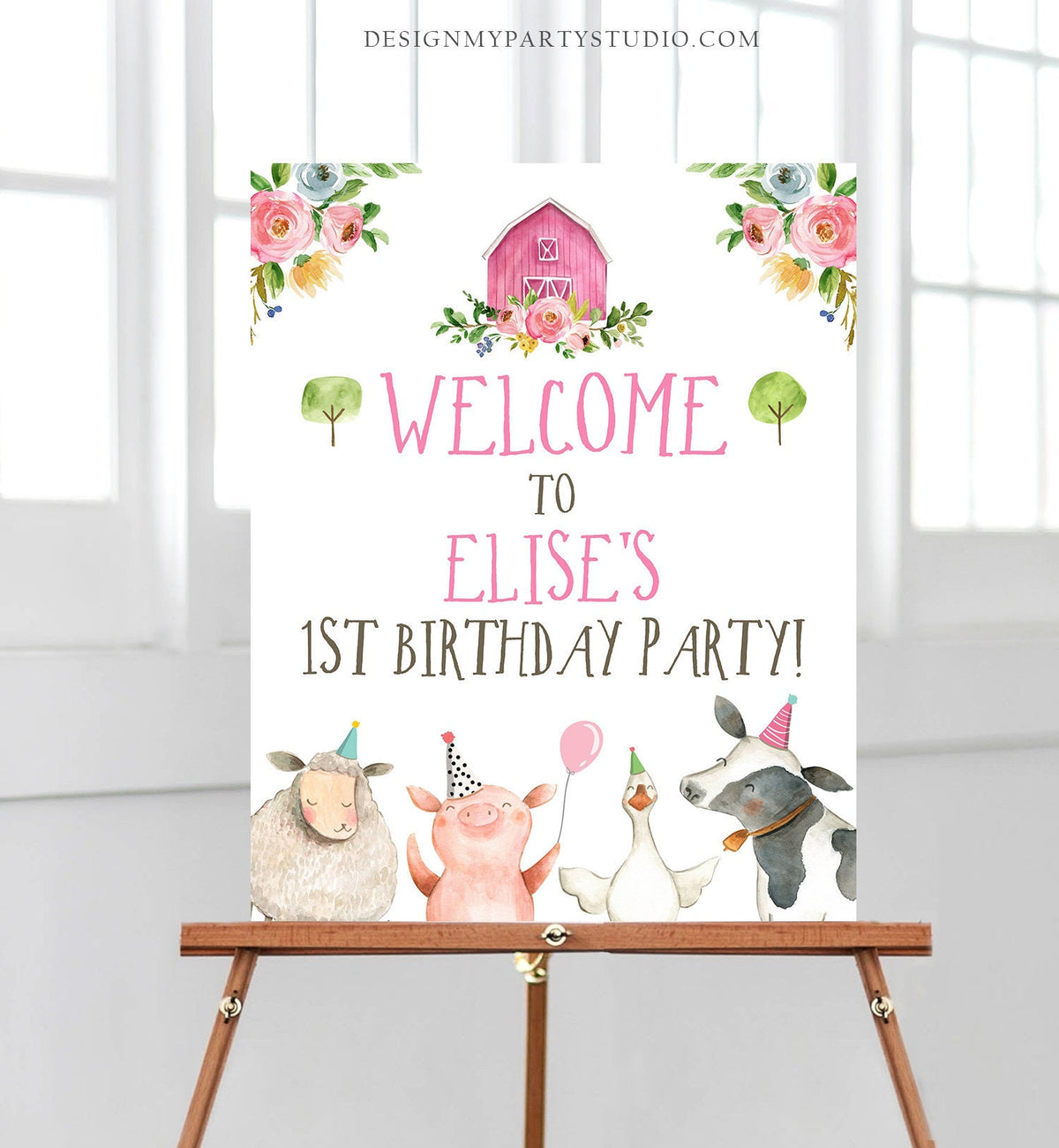 Editable Pink Farm Birthday Welcome Sign Barnyard Birthday Welcome Sign Farm Animals Birthday Welcome Girl Template Corjl PRINTABLE 0155