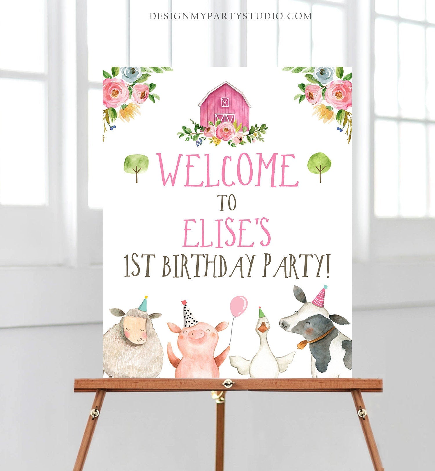 Editable Pink Farm Birthday Welcome Sign Barnyard Birthday Welcome Sign Farm Animals Birthday Welcome Girl Template Corjl PRINTABLE 0155