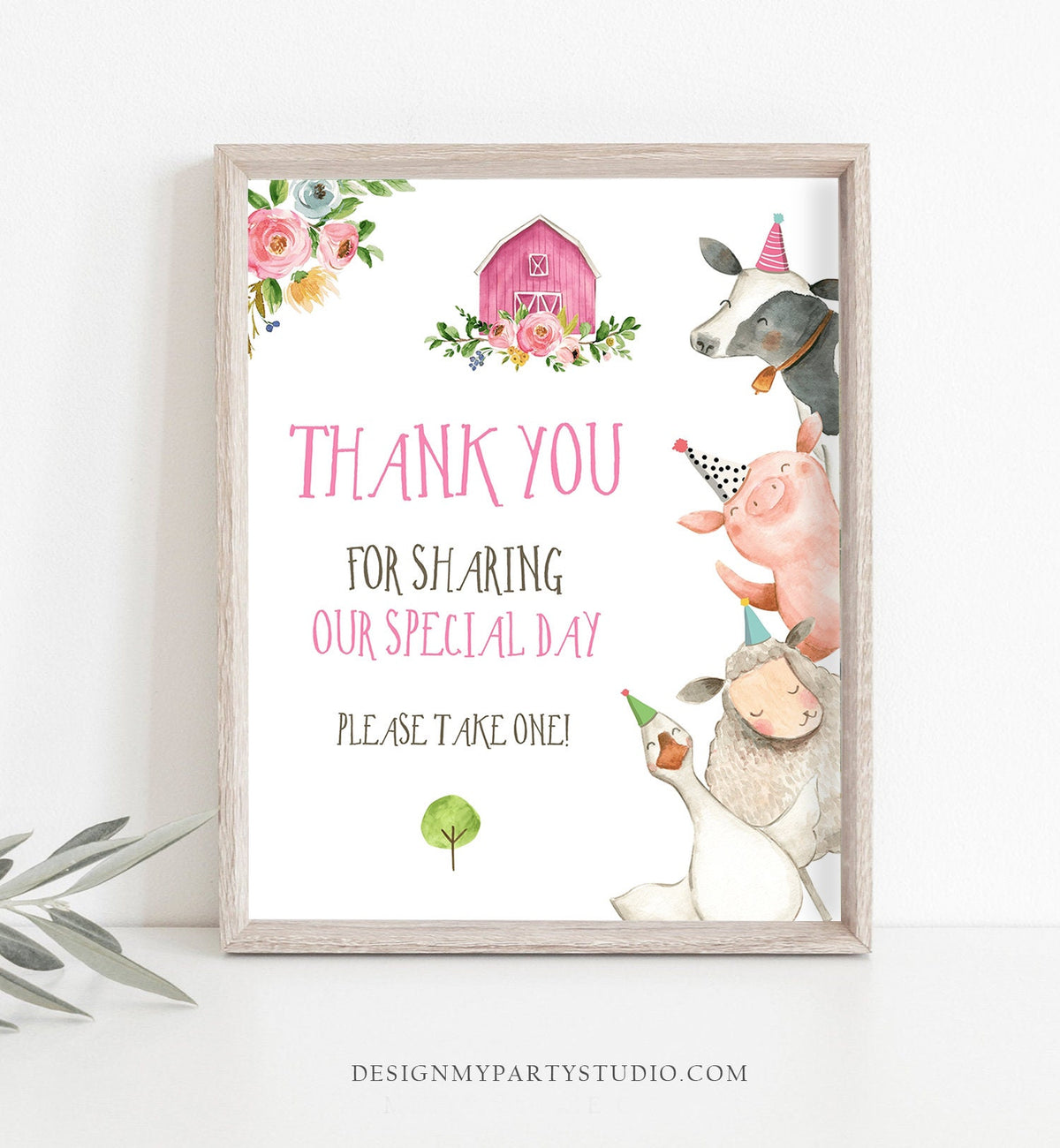 Editable Pink Farm Birthday Thank You Sign Girl Barnyard Birthday Favor Sign Farm Animals Favor Table Digital Template Printable 0155