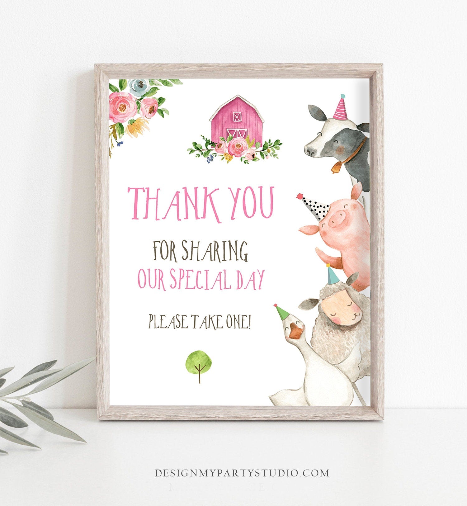Editable Pink Farm Birthday Thank You Sign Girl Barnyard Birthday Favor Sign Farm Animals Favor Table Digital Template Printable 0155