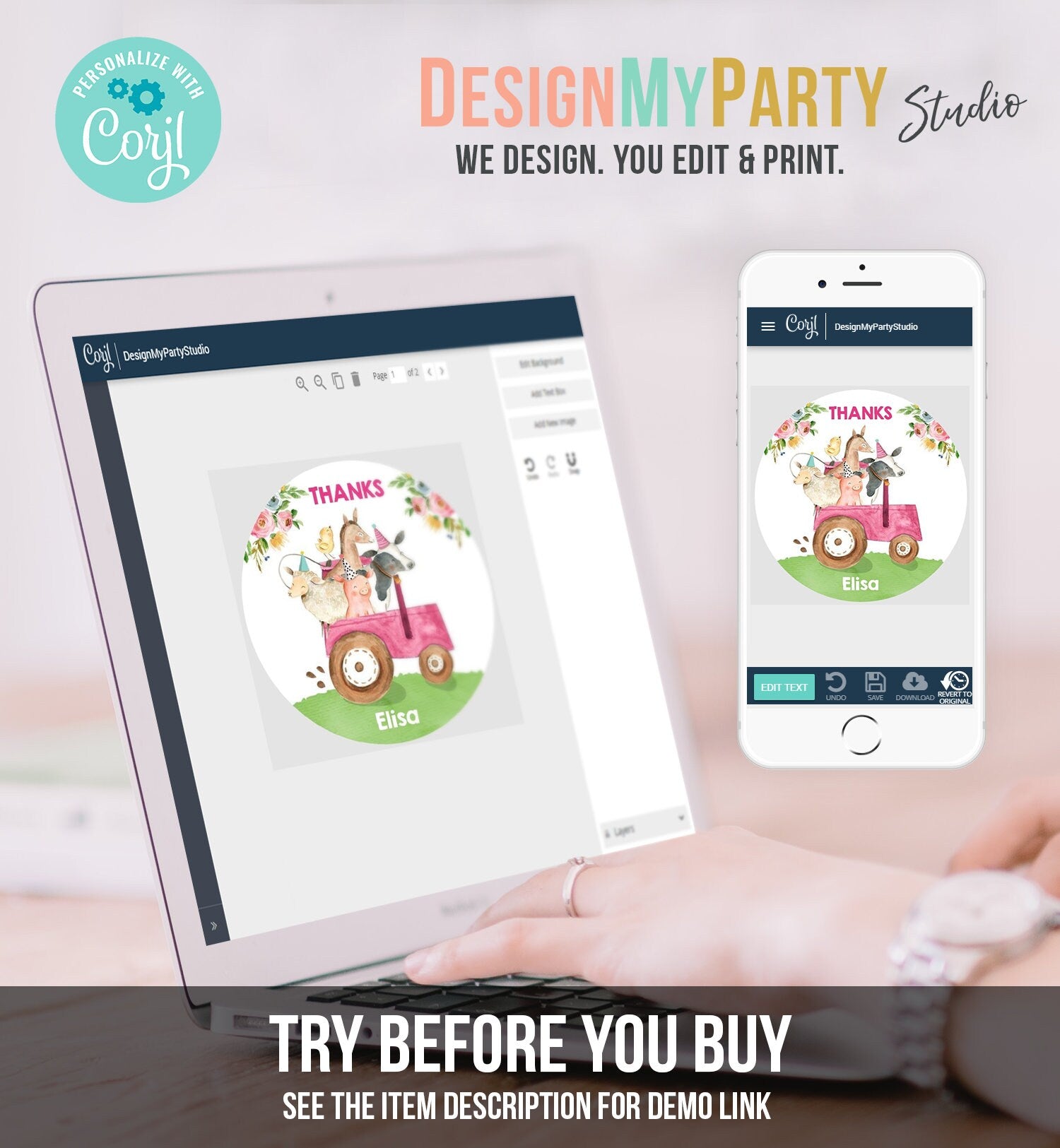 Editable Farm Animals Thank you Tags Girls Barnyard Birthday Stickers Farm Birthday Decor Pink Favor Tags Cow Pig Template Corjl 0155