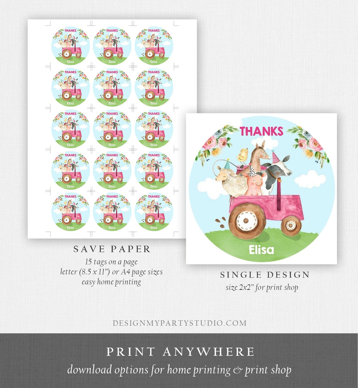 Editable Farm Animals Thank you Tags Girls Barnyard Birthday Stickers Farm Birthday Decor Pink Favor Tags Cow Pig Template Corjl 0155