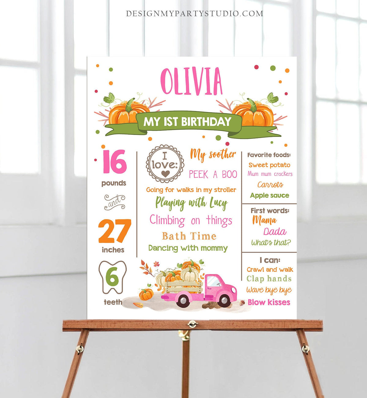 Editable Pumpkin Birthday Milestones Sign Pumpkin Truck Birthday First Birthday Girl Fall Pink Green Autumn Download Template Printable 0153