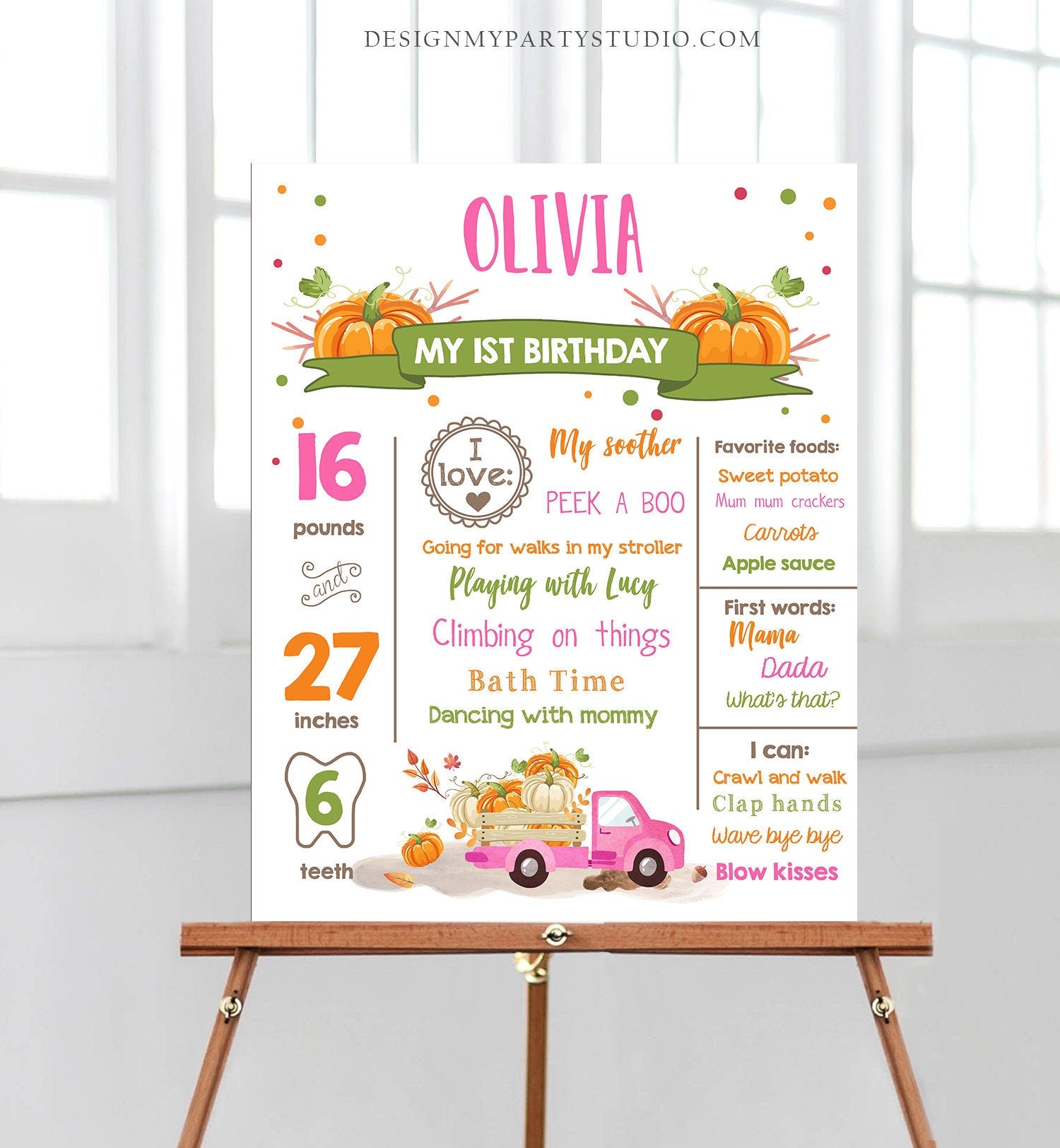 Editable Pumpkin Birthday Milestones Sign Pumpkin Truck Birthday First Birthday Girl Fall Pink Green Autumn Download Template Printable 0153