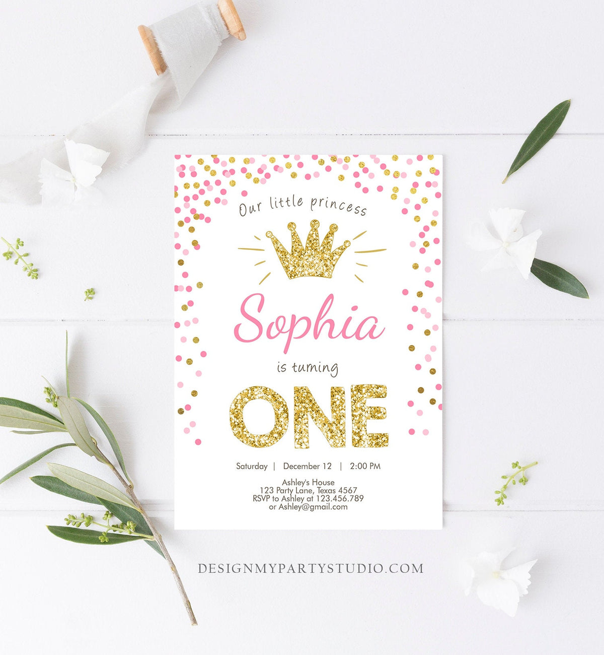 Editable Little Princess Birthday Invitation Girl Pink Gold First Birthday 1st Confetti Crown Digital Download Template Printable 0047
