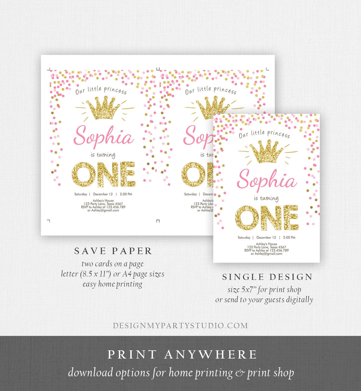 Editable Little Princess Birthday Invitation Girl Pink Gold First Birthday 1st Confetti Crown Digital Download Template Printable 0047