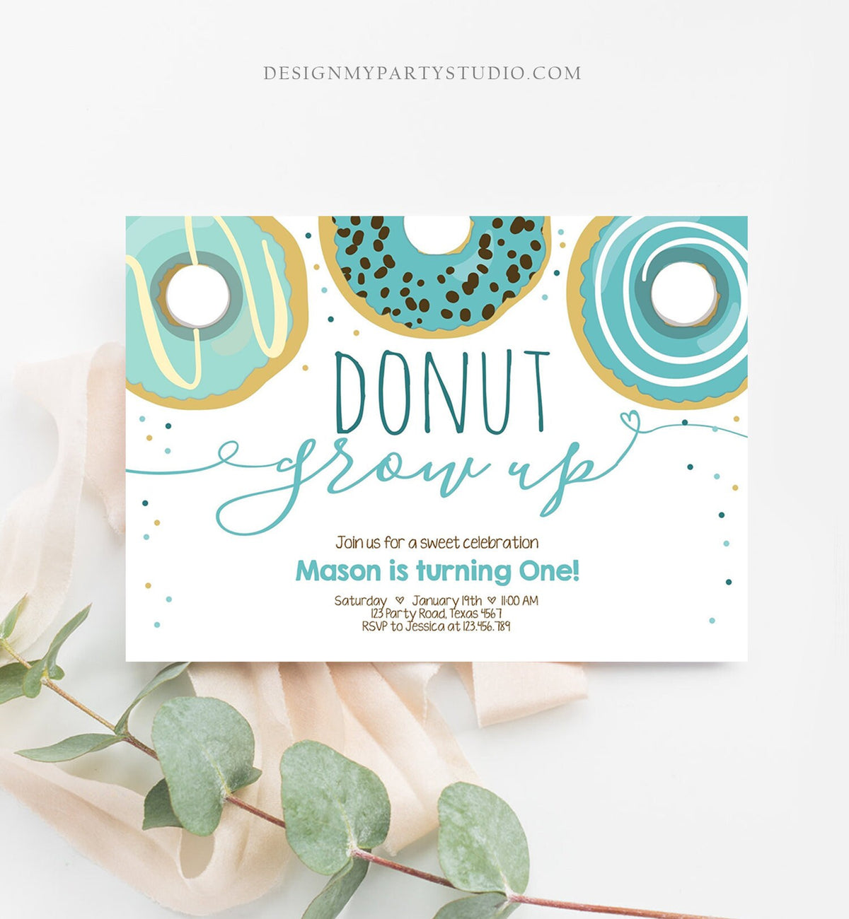 Editable Donut Grow Up Birthday Invitation First Birthday Party Blue Boy Doughnut 1st Pastel Photo Download Printable Template Corjl 0050