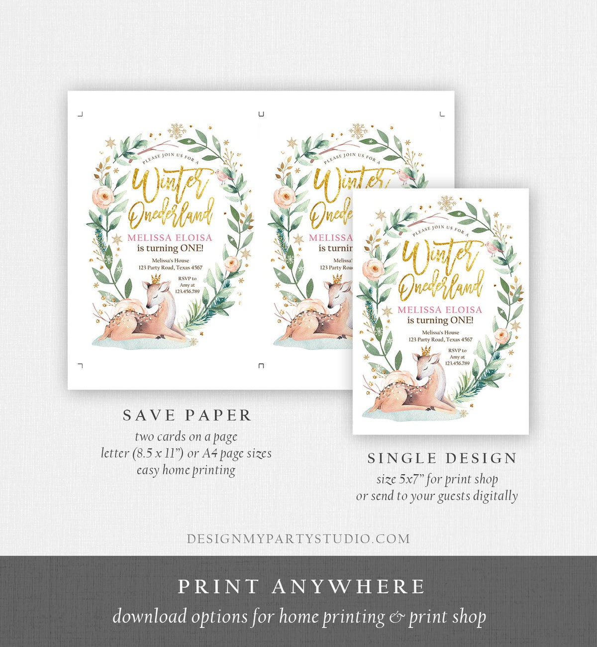 Editable Winter ONEderland Birthday Invitation Deer First Birthday Snowflakes Girl Pink Gold Digital Download Evite Template Printable 0265