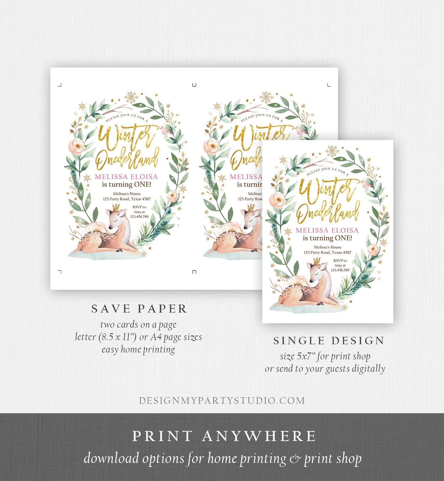 Editable Winter ONEderland Birthday Invitation Deer First Birthday Snowflakes Girl Pink Gold Digital Download Evite Template Printable 0265