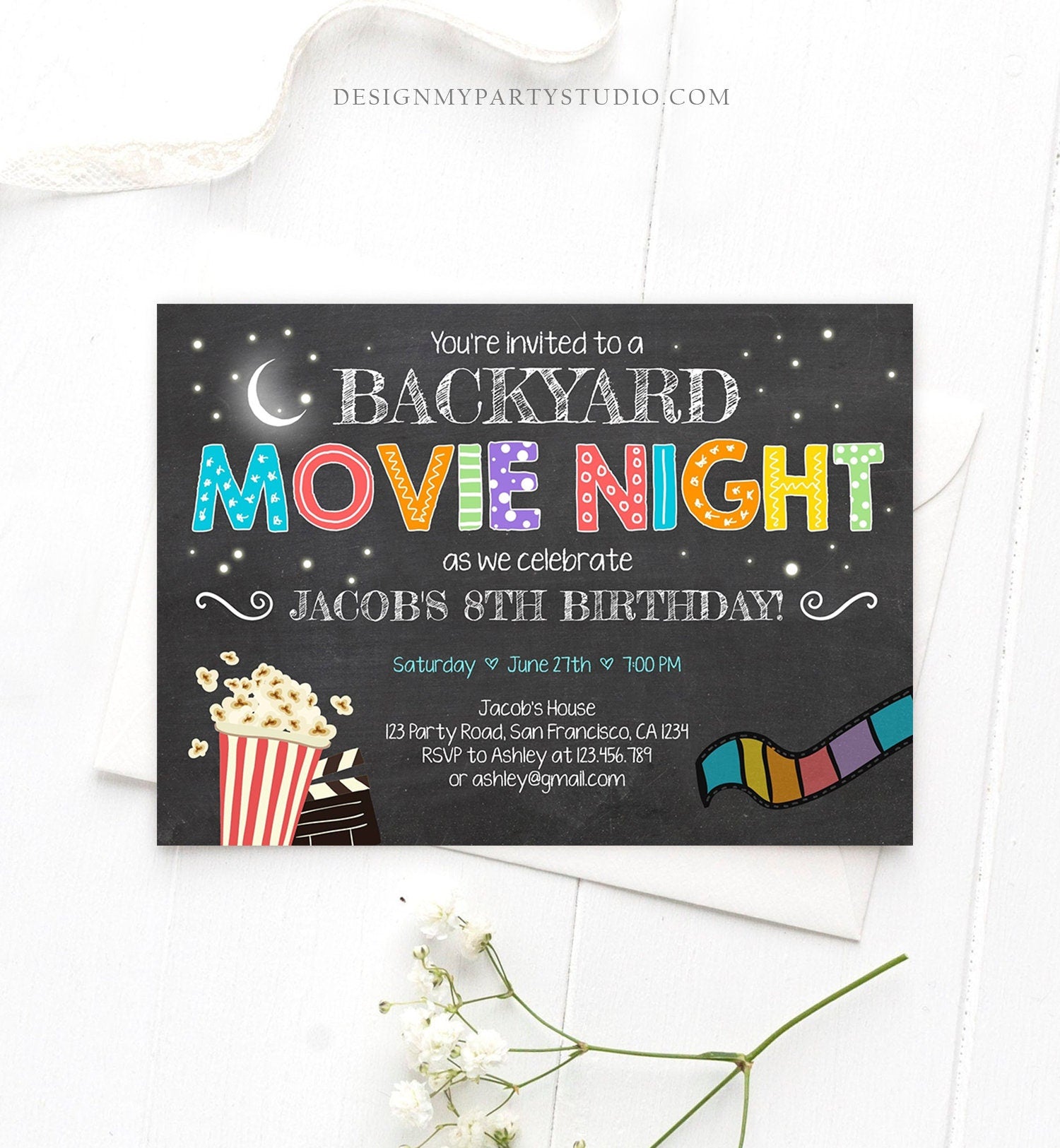 Editable Movie Night Birthday Invitation Under the Stars Outdoor Backyard Movie Party Popcorn Download Printable Template Corjl 0042