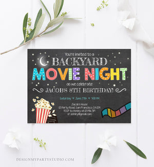 Editable Movie Night Birthday Invitation Under the Stars Outdoor Backyard Movie Party Popcorn Download Printable Template Corjl 0042