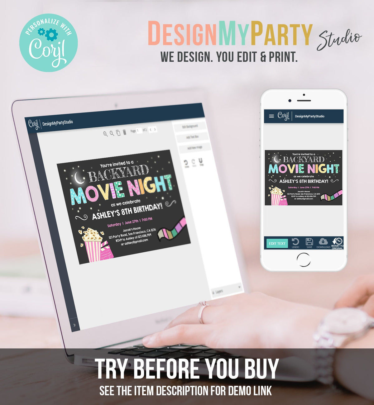 Editable Movie Night Birthday Invitation Girls Movie Slumber Party Backyard Movie Party Popcorn Download Printable Template Corjl 0042