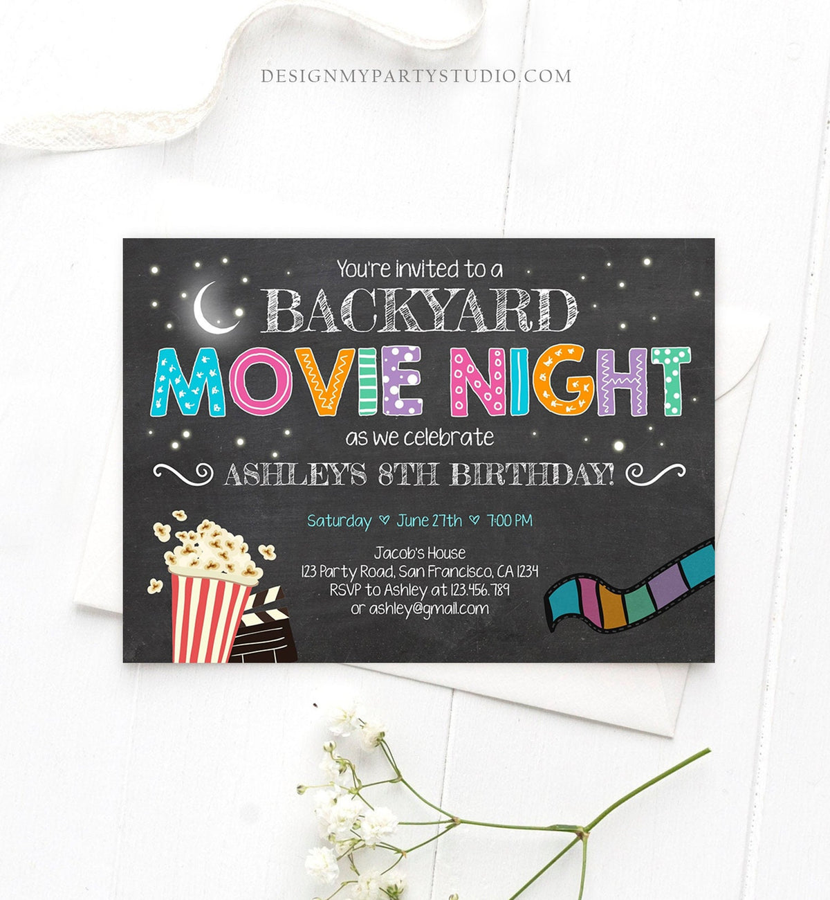 Editable Movie Night Birthday Invitation Under the Stars Outdoor Backyard Movie Party Popcorn Download Printable Template Corjl 0042