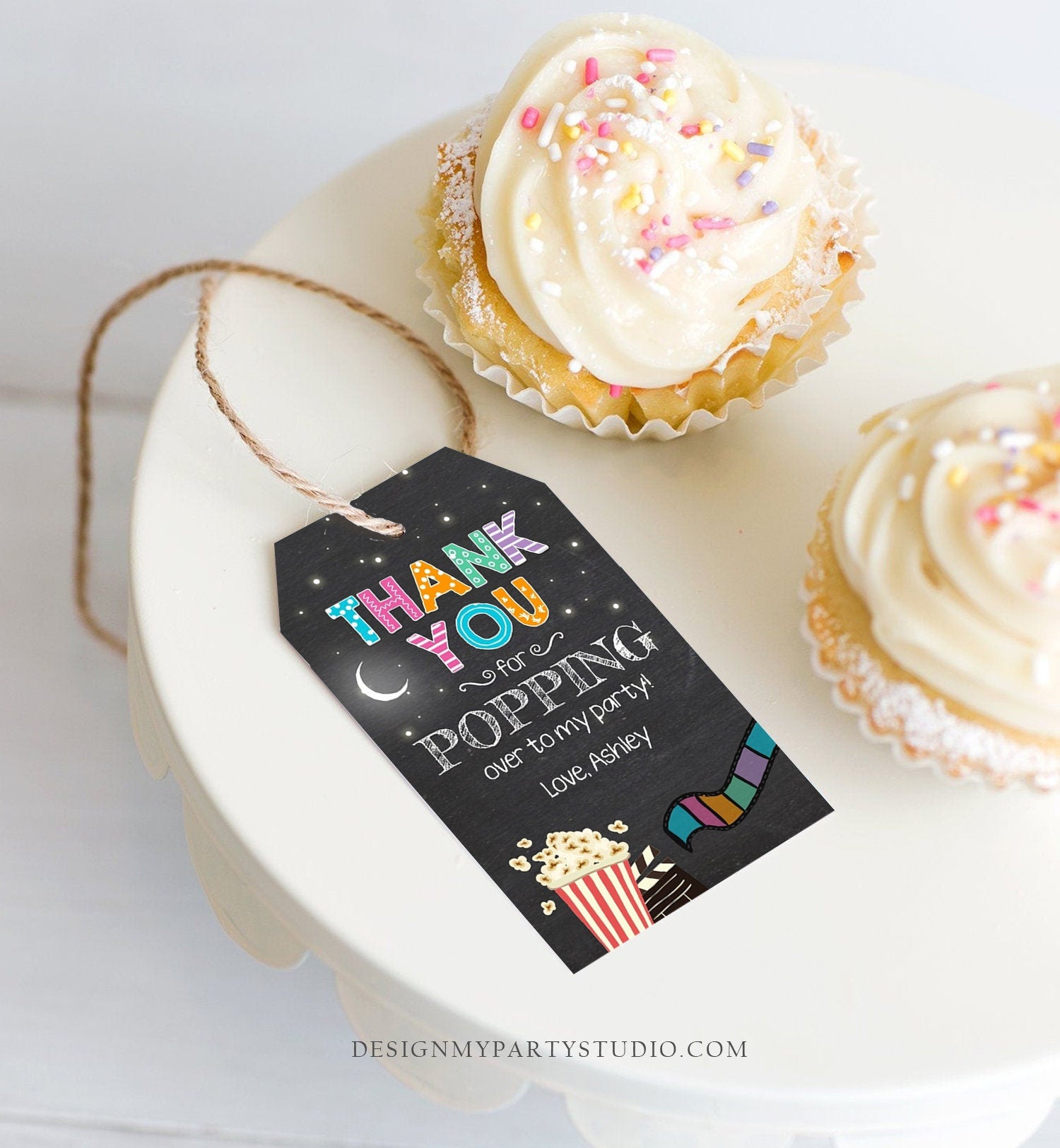 Editable Movie Night favor Tags Thank you Gift Tags Cinema Movie Under The Stars Popcorn Backyard Movie Party Template Corjl PRINTABLE 0042