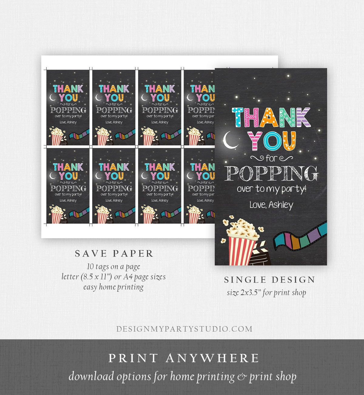 Editable Movie Night favor Tags Thank you Gift Tags Cinema Movie Under The Stars Popcorn Backyard Movie Party Template Corjl PRINTABLE 0042