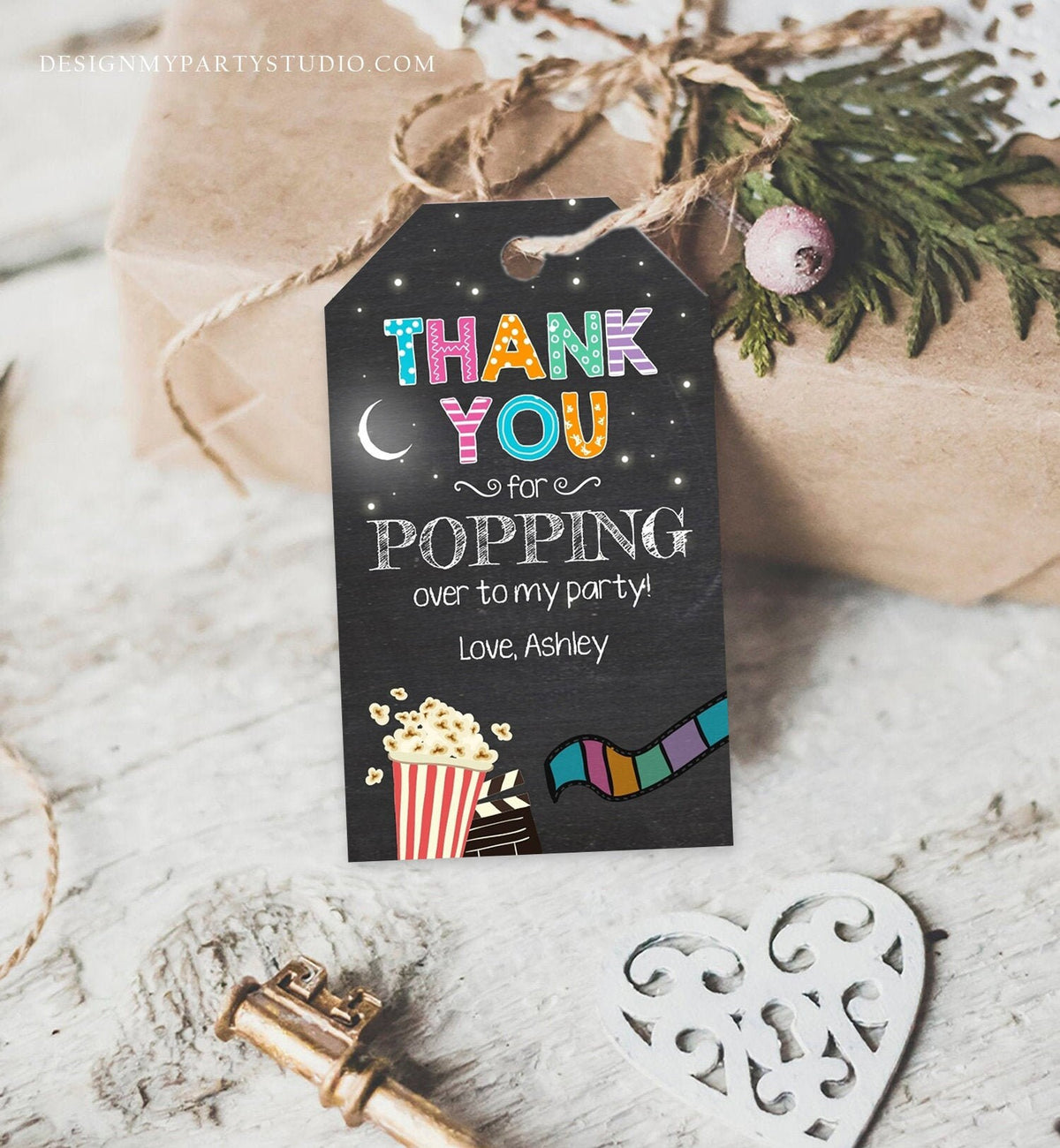 Editable Movie Night favor Tags Thank you Gift Tags Cinema Movie Under The Stars Popcorn Backyard Movie Party Template Corjl PRINTABLE 0042