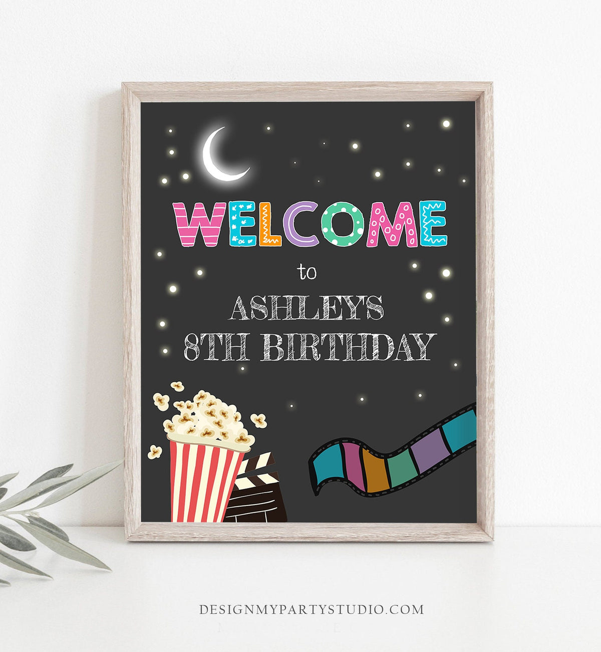 Editable Welcome Sign Movie Night Birthday Girl Movie Under The Stars Welcome Popcorn Movie Party Backyard Digital Template Printable 0042