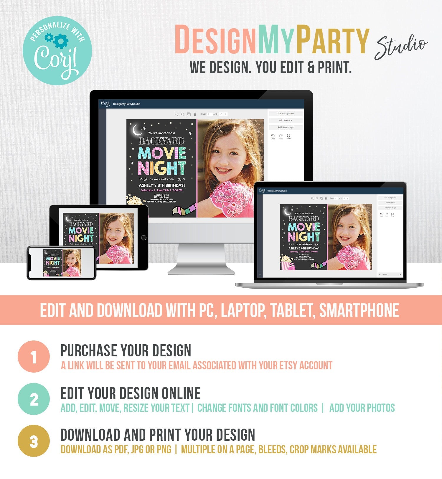 Editable Movie Night Birthday Invitation Girls Movie Slumber Party Backyard Movie Party Popcorn Download Printable Template Corjl 0042