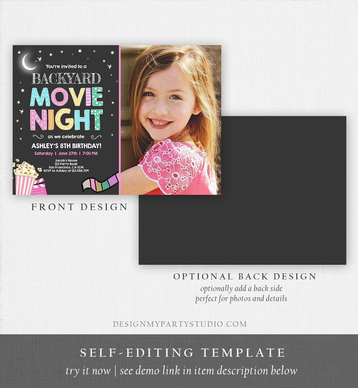 Editable Movie Night Birthday Invitation Girls Movie Slumber Party Backyard Movie Party Popcorn Download Printable Template Corjl 0042